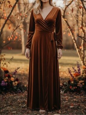 Baltic Born Velvet Wrap Maxi Dress in Warm Brown